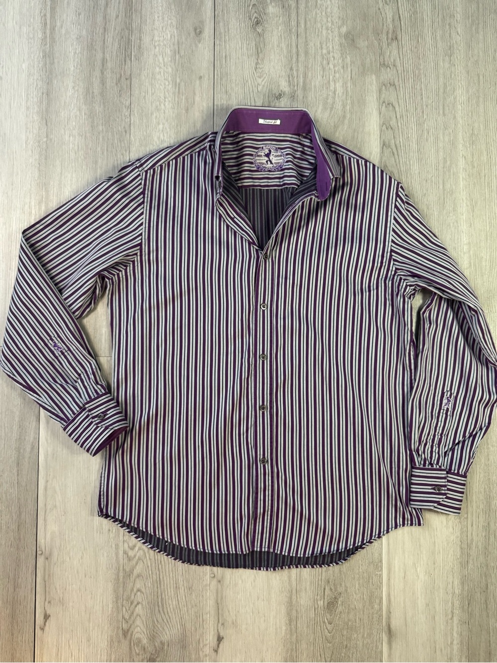 Bugatchi Mens Dress Button Up Shirt Purple White Striped Shaped Fit XL.
